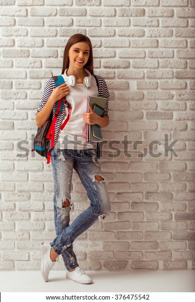 Cute Teenage Girl Casual Clothes Standing Stock Photo 376475542 |  Shutterstock