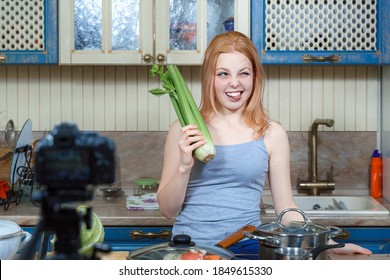 Cute Teenage Girl Is Filming A Cooking Show