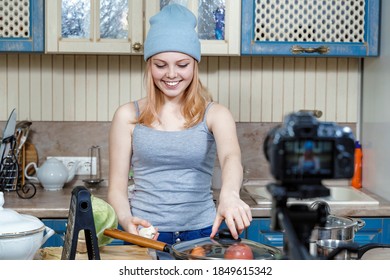 Cute Teenage Girl Is Filming A Cooking Show