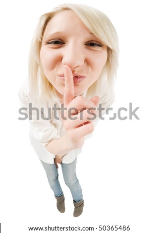 Cute teenage girl shot with fisheye lens on white background