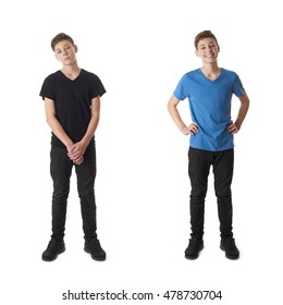 Cute Teenager Boy In Black T-shirt Standing Over White Isolated Background Full Body