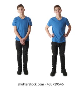 Cute Teenager Boy In Blue T-shirt Standing Over White Isolated Background Full Body