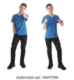 Cute Teenager Boy In Blue T-shirt Standing And Pointing Forward Over White Isolated Background Full Body