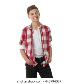 Cute Teenager Boy In Red Checkered Shirt Over White Isolated Background, Half Body