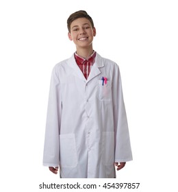 Cute teenager boy wearing white lab medic coat over white isolated background as science, medicine, healthcare concept