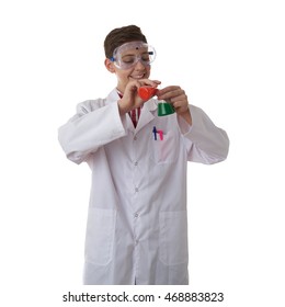 Cute teenager boy wearing white lab medic coat and protecting glasses with flask over white isolated background as science, experiment, healthcare concept