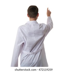Cute teenager boy wearing white lab medic coat working on virtual screen over white isolated background as science, medicine, healthcare concept, back rear view