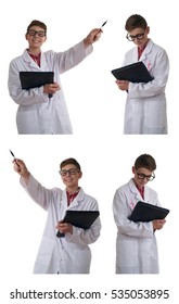 Cute teenager boy wearing white lab medic coat and glasses with folder pointing up over white isolated background as science, medicine, healthcare concept