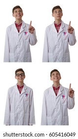 Cute teenager boy wearing white lab medic coat pointing up over white isolated background as science, medicine, healthcare concept