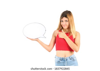 Cute Teenager Girl Holding A Blank Word Bubble Against A White Background