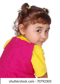 Cute Three Year Old Hispanic Preschool Girl Looking Back Over Her Shoulder, Isolated On Pure White Background