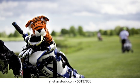 Cute tiger protection cap for golf clubs in golf bag with 2 players in background walking on fairway.