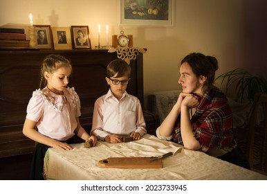 Cute Tired Female Mum Look Worry Face Offer Loaf Receive Hope Aid Life Help. Little Needy Pauper Baby Charity 1930s Concept. Old Retro Home Room Table Great Hardship Recess Dine Dearth Grief Concern