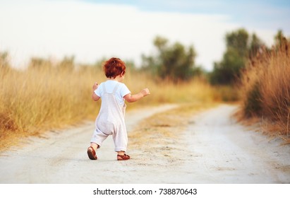 Cute Toddler Baby Boy Running Away Along The Path At Summer Field