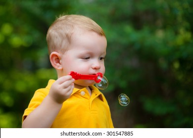 Cute Toddler Boy Blowing Soap Bubbles