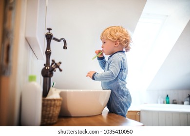 Cute Toddler Boy Brushing His Teeth In The Bathroom.