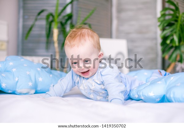Cute Toddler Boy On Bed Home People Objects Stock Image