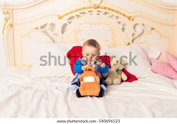 Cute Toddler Boy Sitting On Bed Stock Photo Edit Now 540696523