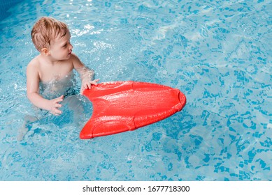 Cute Toddler Boy Swimming With Flutter Board In Swimming Pool