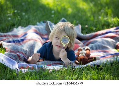 Cute Toddler Child, Blond Boy, Playing With Magnifying Glass  And Drawing In A Picture Book In The Park, Summertime