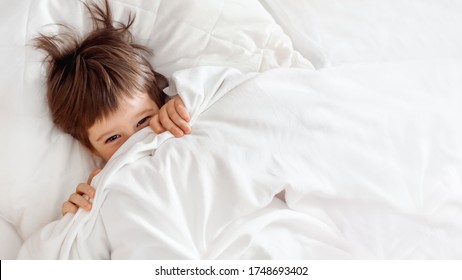 Cute Toddler Hides In Bed. Disheveled Boy Wakes Up And Peeps Out From Under White Blanket. Morning Bedtime At Cozy Home.