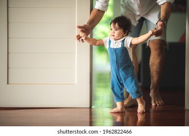 Cute Toddler Little Child Family Concept, Baby Learning To Walk With Father And Mother To Help Care And Holding Hand, First Step With Childhood Parent Support, Small Love Portrait Little Boy At Home