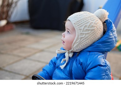 Cute Toddler Is Riding His Toy Scooter And Push Car In The Back Yard