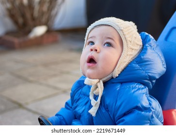 Cute Toddler Is Riding His Toy Scooter And Push Car In The Back Yard