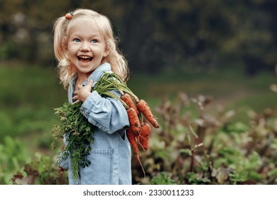 Cute toddler smiling blond girl in blue outfits holding a bunch of fresh organic carrots. Child harvesting vegetables in a garden. Fresh healthy food for small kids. Family nutrition in summer - Powered by Shutterstock