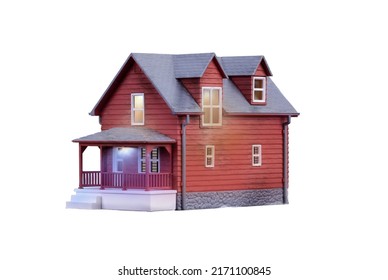 Cute Toy House Isolated On White Background With Porch And Red Siding. Dorma Windows And Interior Lights On. 