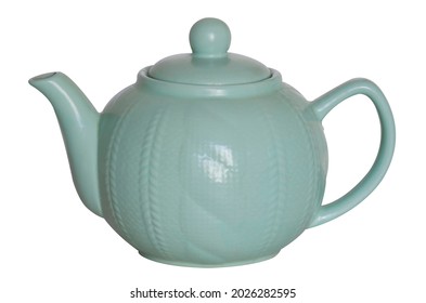 Cute turquoise teapot close-up isolated on a white background. Household utensils, kitchen utensils. Tea party, tea ceremony.