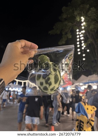 “A cute turtle keychain held up against the lively night market lights, full of color and energy.”