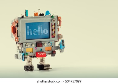 Cute-TV-Roboter mit lustigem Monitor-Computer-Kopf, Elektro-Teile-Kondensator. Farbige Retro-Anzeige der Zeichen hallo auf blauem Bildschirm. Konzept des Kommunikationsfernsehens Farbverlauf-Hintergrund.