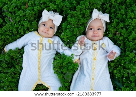 Cute twin babies lying on green grass with flowers