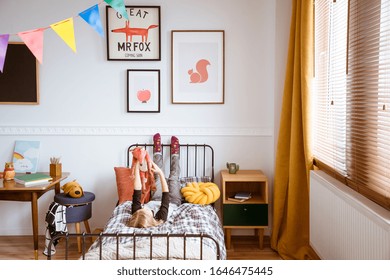 Cute Vintage Style Posters On White Wall Of Trendy Bedroom For Child