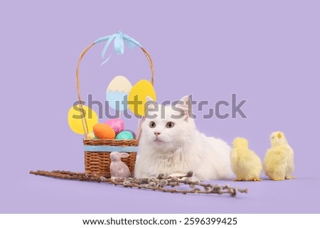 Cute white cat with Easter basket, chicks and pussy willow branches on lilac background