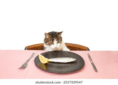 Cute white and gray cat at a table with pink tablecloth, silver cutlery, black palate and a small fish, animal diet concept