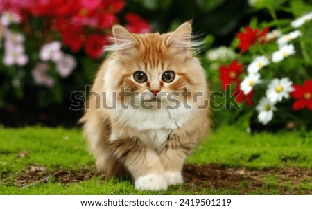 Cute white hair small cat on the garden with flower