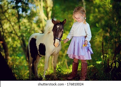 A cute white little girl in jockey boots caressing her little pony in a green forest on a sunny summer day 