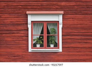 Cute Window On Red Swedish House Wall