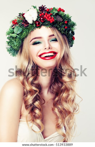 Cute Woman Blond Permed Hair Red Stock Photo Edit Now 513933889