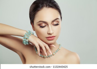 Cute Woman Face. Makeup, Necklace, Bracelet and Closed Eyes - Shutterstock ID 1132443425
