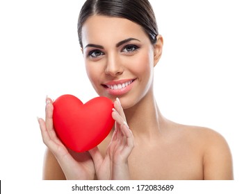 Cute Woman Holding  Red Heart