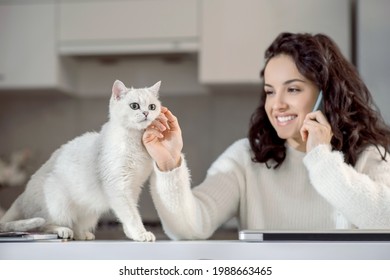 Cute Woman Talking On The Phone And Stroking Her Cat