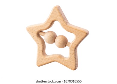 Cute Wooden Baby Toys On White Background. Stars, Planet Toy. Eco Accessories, Beanbag And Teethers For Newborn. Isolated