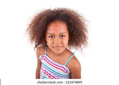 Cute Young African American  Girl White Painting On The Face, Isolated On White Background - Black People