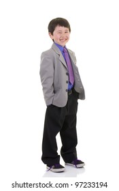 Cute young asian boy in suit and tie with great smile isolated on white background