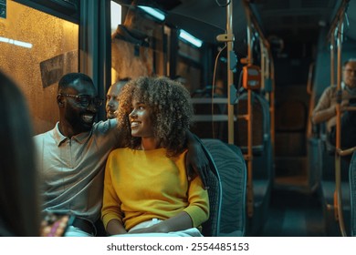 Cute young couple sitting on a bus at night next to each other, smiling and looking at each other. - Powered by Shutterstock