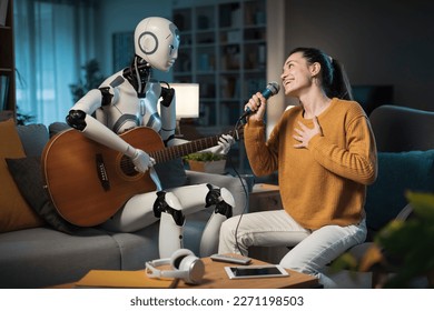 A cute young girl enjoys her A.I.-equipped Domestic Robot playing Karaoke. He plays the guitar, and she sings.