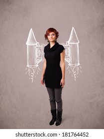 Cute Young Girl With Jet Pack Rocket Drawing Illustration